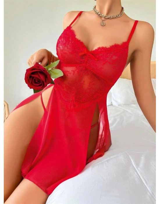 özel tasarım Amora Secret Kırmızı Dantel İşlemeli Fiyonk Detaylı Yanları Dekolteli Fantezi Gecelik
