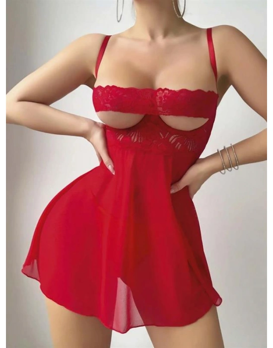 özel tasarım Amora Secret Kırmızı Dantel İşlemeli Göğüs Dekolteli Fantezi String Tül Gecelik Takımı