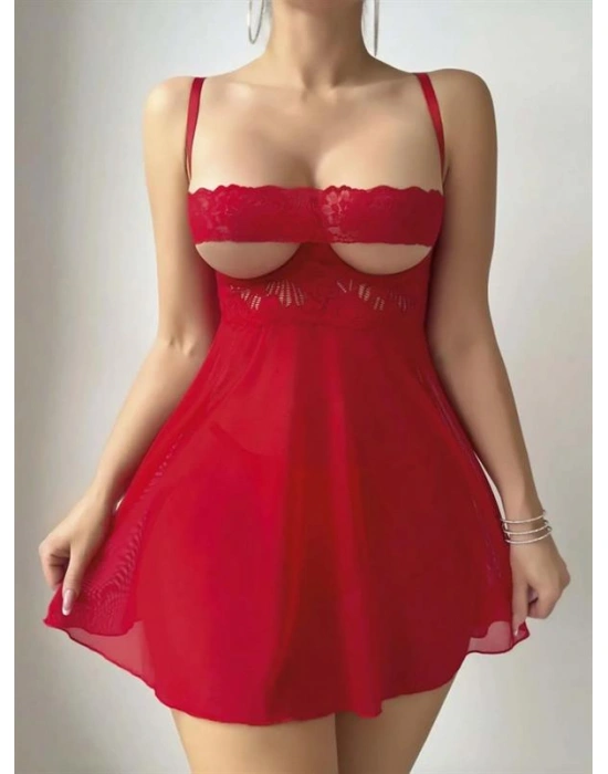 özel tasarım Amora Secret Kırmızı Dantel İşlemeli Göğüs Dekolteli Fantezi String Tül Gecelik Takımı