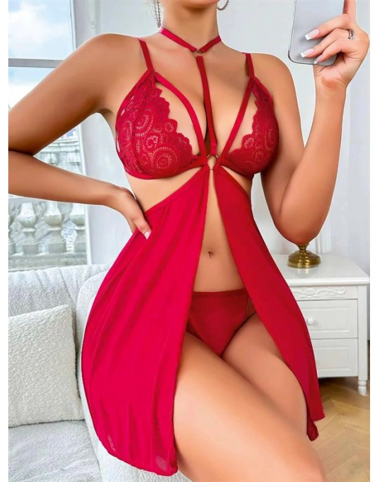 özel tasarım Amora Secret Kırmızı Dantel İşlemeli İp Detaylı Dekolteli Fantezi Tül Gecelik