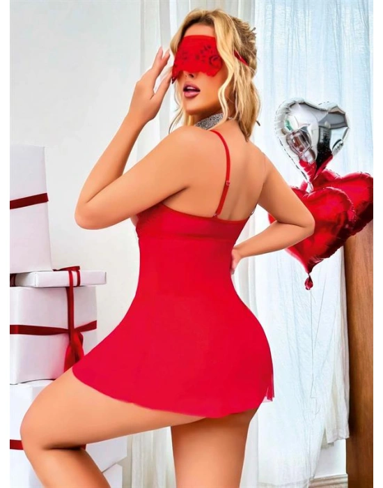 özel tasarım Amora Secret Kırmızı Göğüs Dekolteli Göz Bantlı Fantezi String Tül Gecelik Takımı