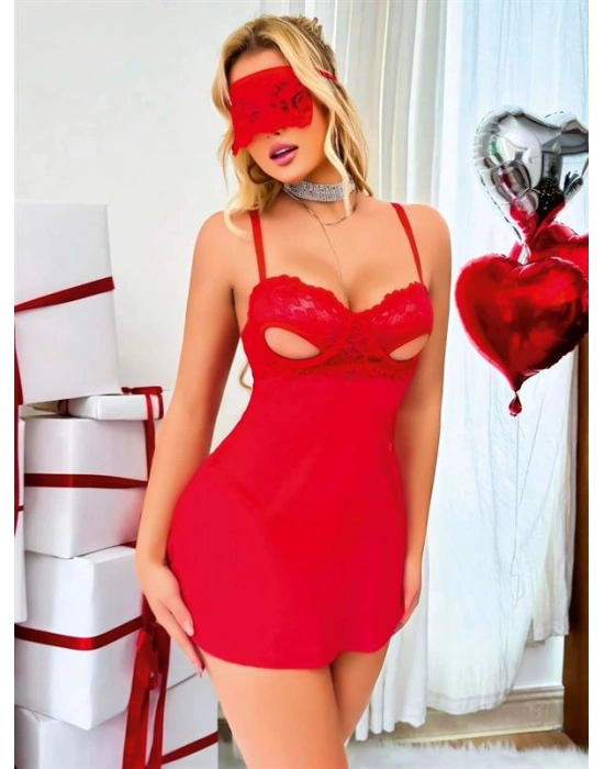 özel tasarım Amora Secret Kırmızı Göğüs Dekolteli Göz Bantlı Fantezi String Tül Gecelik Takımı