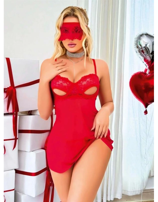 özel tasarım Amora Secret Kırmızı Göğüs Dekolteli Göz Bantlı Fantezi String Tül Gecelik Takımı