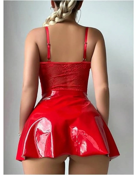 özel tasarım Amora Secret Kırmızı Parlak Deri Şık Bacak Bantlı Fantezi Club Elbise