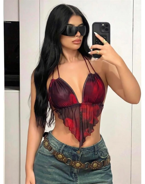 özel tasarım Amora Secret Kırmızı Siyah Desenli İnce Askılı Üçgen Kesim Crop