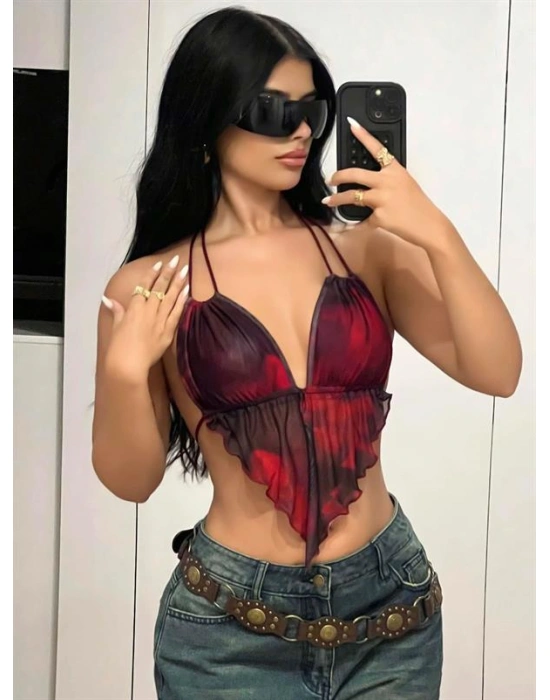 özel tasarım Amora Secret Kırmızı Siyah Desenli İnce Askılı Üçgen Kesim Crop