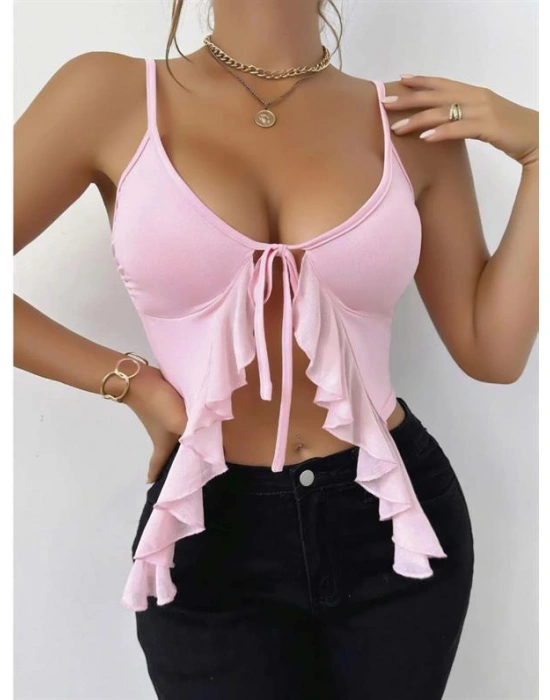 özel tasarım Amora Secret Pembe İnce Askılı Önden Bağlamalı Fırfır Detaylı Crop