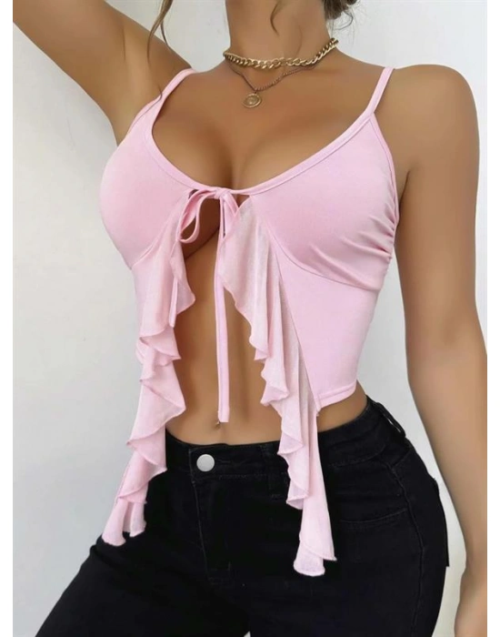 özel tasarım Amora Secret Pembe İnce Askılı Önden Bağlamalı Fırfır Detaylı Crop