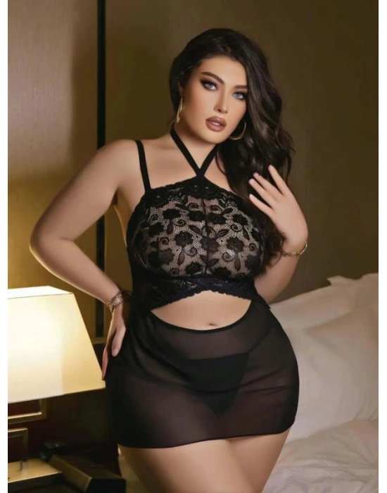 özel tasarım Amora Secret Siyah Dantel İşlemeli Göğüs Dekolteli Boyundan Bağlamalı Fantezi String Tül Gecelik Takımı