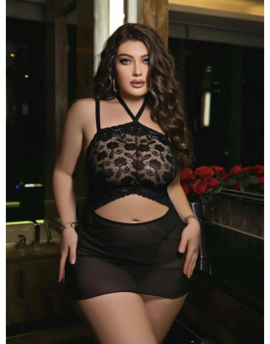 özel tasarım Amora Secret Siyah Dantel İşlemeli Göğüs Dekolteli Boyundan Bağlamalı Fantezi String Tül Gecelik Takımı