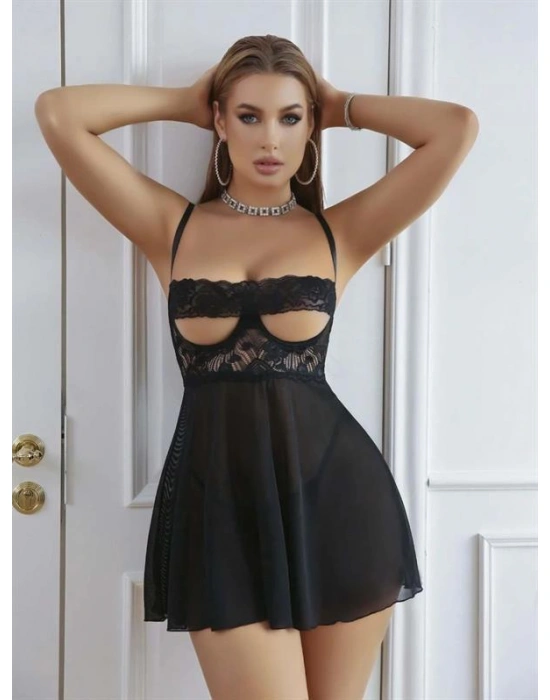 özel tasarım Amora Secret Siyah Dantel İşlemeli Göğüs Dekolteli Fantezi String Tül Gecelik Takımı