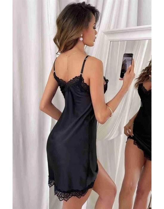 özel tasarım Amora Secret Siyah Dantel İşlemeli İnce Askılı Fantezi Saten Gecelik