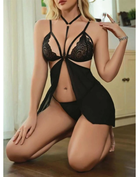 özel tasarım Amora Secret Siyah Dantel İşlemeli İp Detaylı Dekolteli Fantezi Tül Gecelik