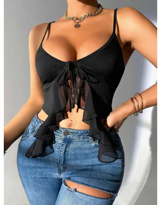 özel tasarım Amora Secret Siyah İnce Askılı Önden Bağlamalı Fırfır Detaylı Crop