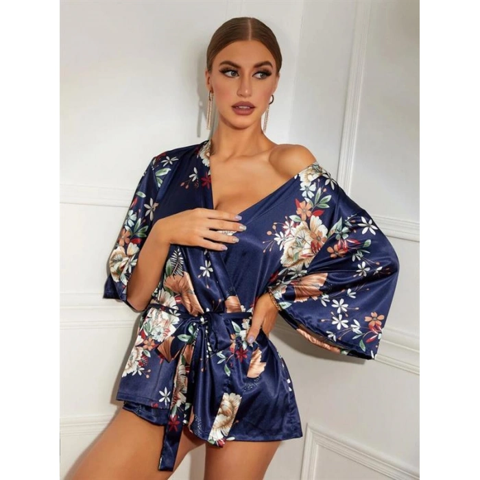 Amora Secret Çiçek Desenli Mavi Mini Saten Gecelik Sabahlık
