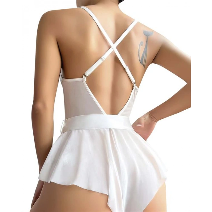 Amora Secret Kadın Fantazi İç Giyim Beyaz Dantel İşlemeli Kurdelalı Fantezi Tül Babydoll - Şehvetli ve Zarif Tasarım