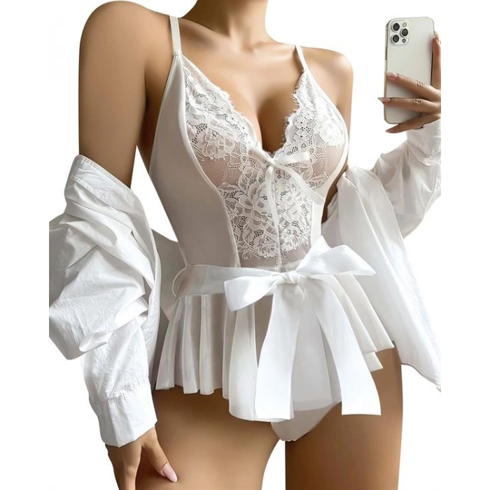 Amora Secret Kadın Fantazi İç Giyim Beyaz Dantel İşlemeli Kurdelalı Fantezi Tül Babydoll - Şehvetli ve Zarif Tasarım