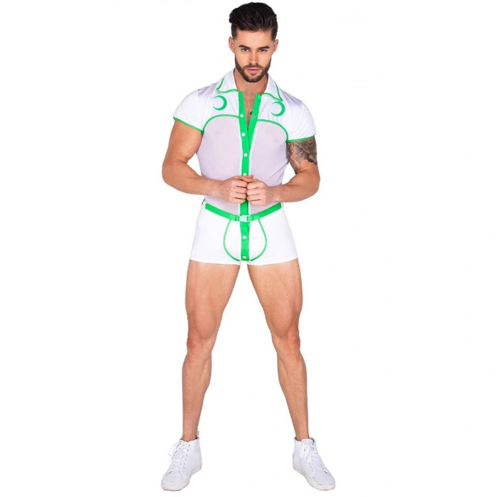 Amora Secret Kadın Fantazi İç Giyim Beyaz Yeşil Şeritli Fantezi Erkek Kostüm - Şehvetli ve Zarif Tasarım