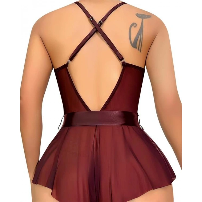 Amora Secret Kadın Fantazi İç Giyim Bordo Dantel İşlemeli Kurdelalı Fantezi Tül Babydoll - Şehvetli ve Zarif Tasarım