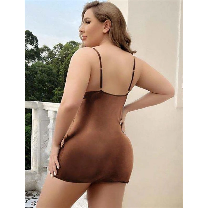 Amora Secret Kadın Fantazi İç Giyim Büyük Beden Kahverengi Deri Metal Aksesuarlı Fantezi Elbise - Şehvetli ve Zarif Tasarım