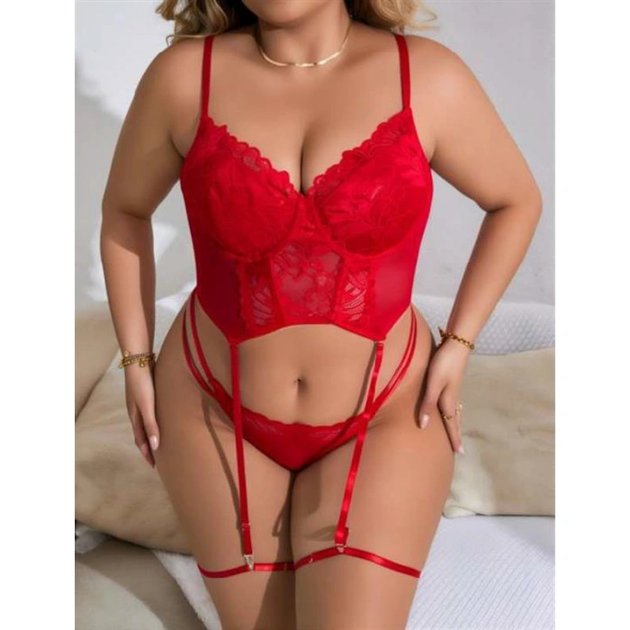 Amora Secret Kadın Fantazi İç Giyim Büyük Beden Kırmızı Dantel İşlemeli Büstiyer Fantezi Jartiyer Takımı - Şehvetli ve Zarif Tasarım