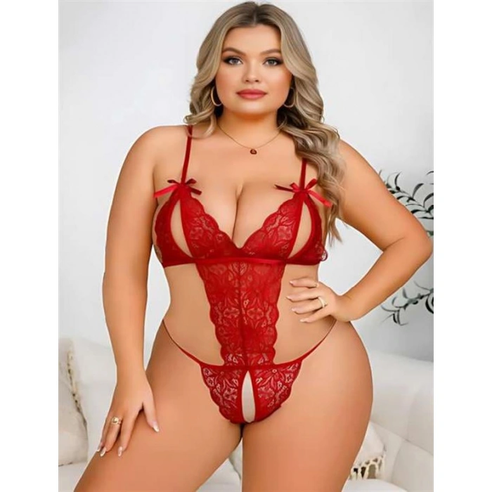 Amora Secret Kadın Fantazi İç Giyim Büyük Beden Kırmızı Dantel İşlemeli Dekolteli Fantezi Babydoll - Şehvetli ve Zarif Tasarım
