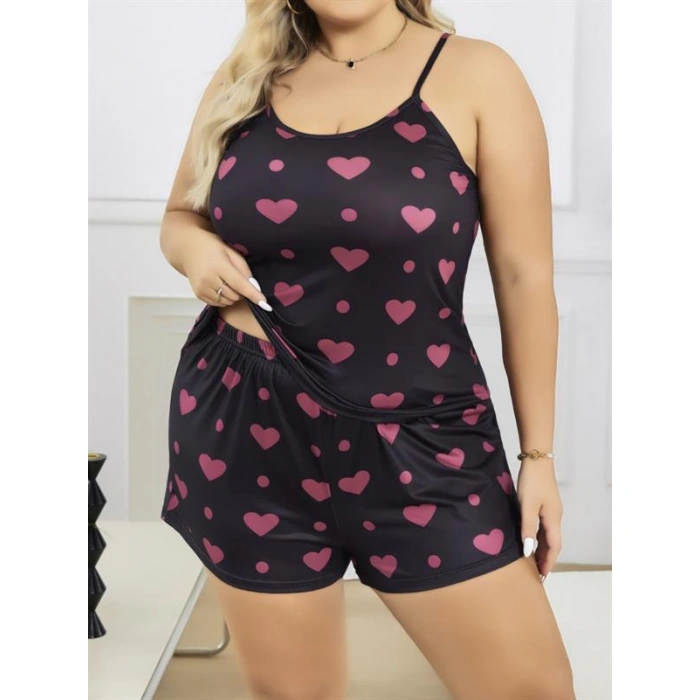 Amora Secret Kadın Fantazi İç Giyim Büyük Beden Siyah Kalp Desen İnce Askılı Pamuklu Şortlu Pijama Takımı - Şehvetli ve Zarif Tasarım