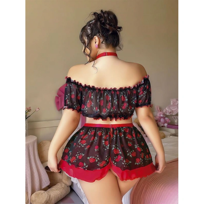 Amora Secret Kadın Fantazi İç Giyim Büyük Beden Siyah Üstüne Gül Desenli Fantezi Etekli Büstiyer Takımı - Şehvetli ve Zarif Tasarım