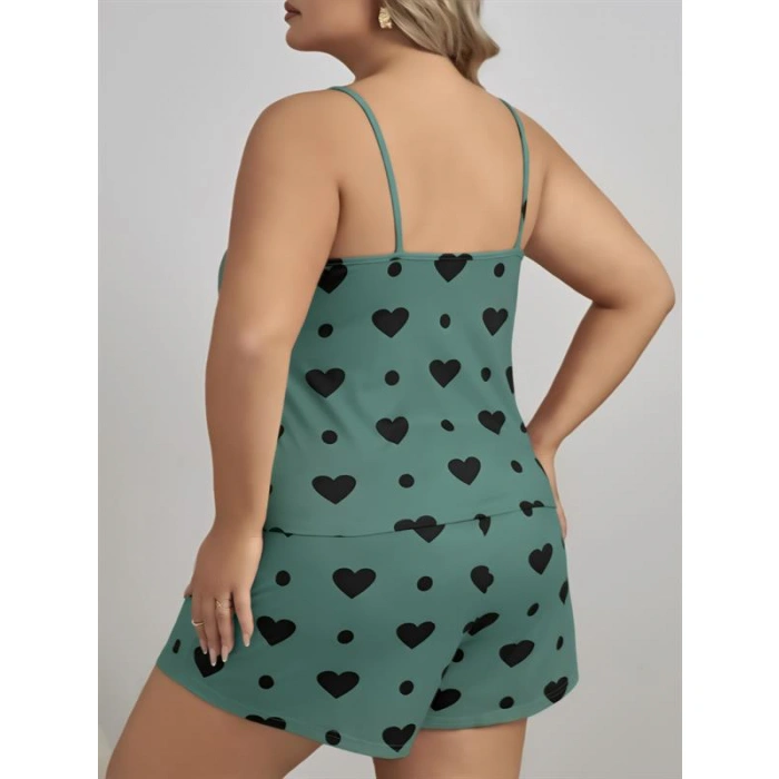 Amora Secret Kadın Fantazi İç Giyim Büyük Beden Yeşil Kalp Desen Pamuklu Şortlu Pijama Takımı - Şehvetli ve Zarif Tasarım