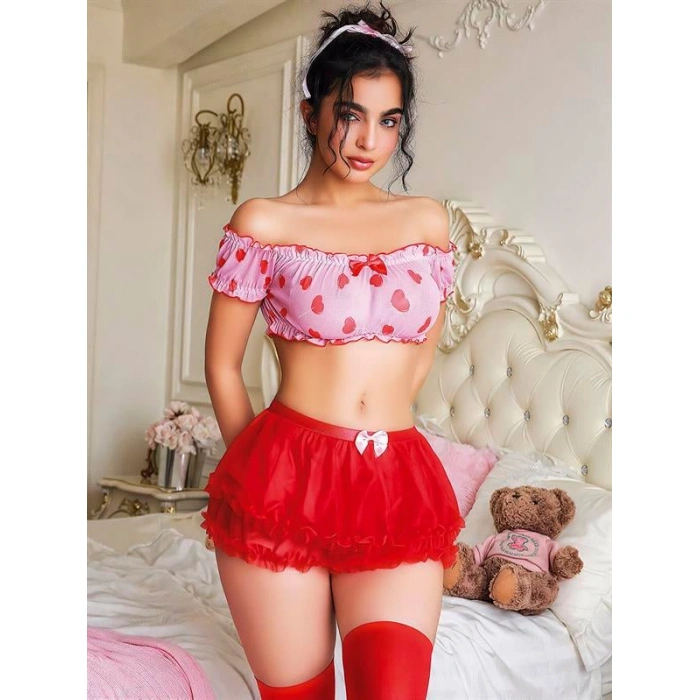 Amora Secret Kadın Fantazi İç Giyim Kalp Desenli Fantezi Kırmızı Gecelik - Şehvetli ve Zarif Tasarım