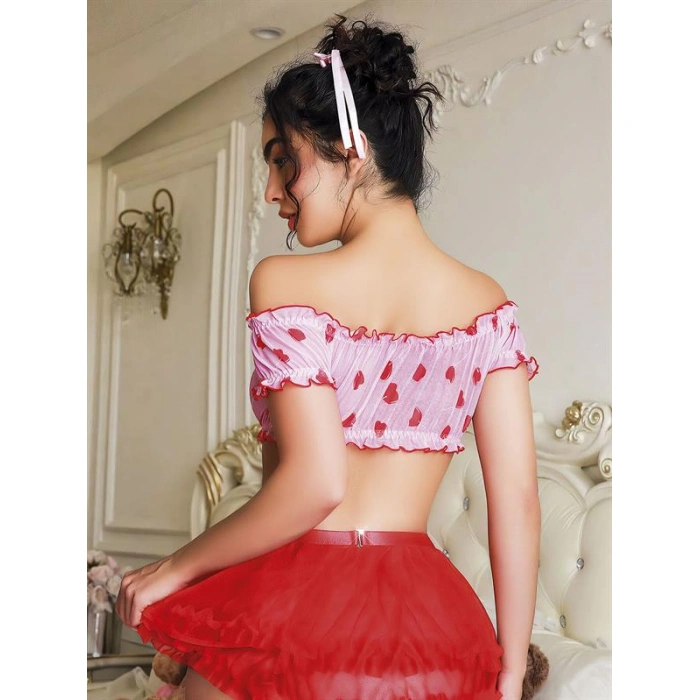 Amora Secret Kadın Fantazi İç Giyim Kalp Desenli Fantezi Kırmızı Gecelik - Şehvetli ve Zarif Tasarım