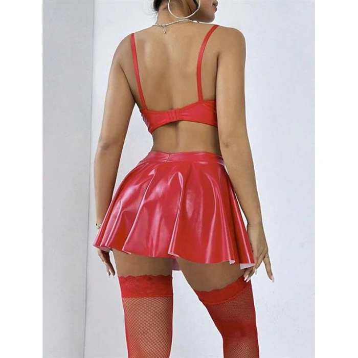 Amora Secret Kadın Fantazi İç Giyim Kırmızı Etekli Fantezi Deri Şık Elbise - Şehvetli ve Zarif Tasarım