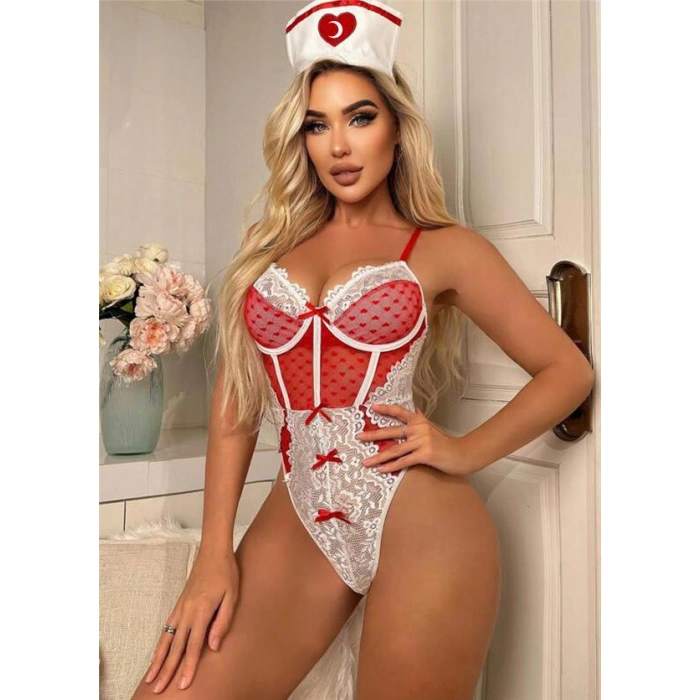 Amora Secret Kadın Fantazi İç Giyim Kırmızı Fantezi Body Hemşire Kostümü - Şehvetli ve Zarif Tasarım