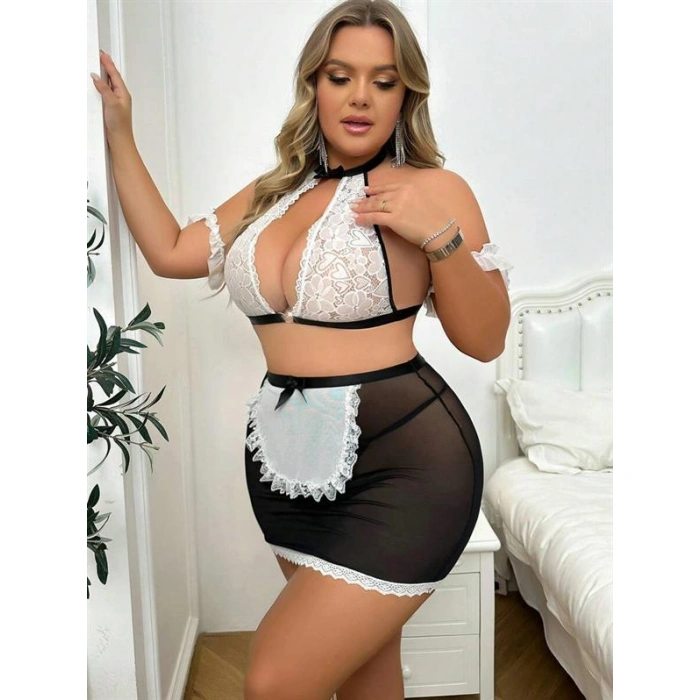 Amora Secret Kadın Fantazi İç Giyim Özel Tasarım Büyük Beden Dantelli Fantezi Hizmetçi Kostümü - Şehvetli ve Zarif Tasarım