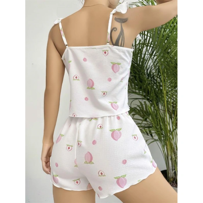 Amora Secret Kadın Fantazi İç Giyim Pamuklu Beyaz Üstüne Çiçek Desen Fırfır Askılı Şortlu Pijama Takımı - Şehvetli ve Zarif Tasarım