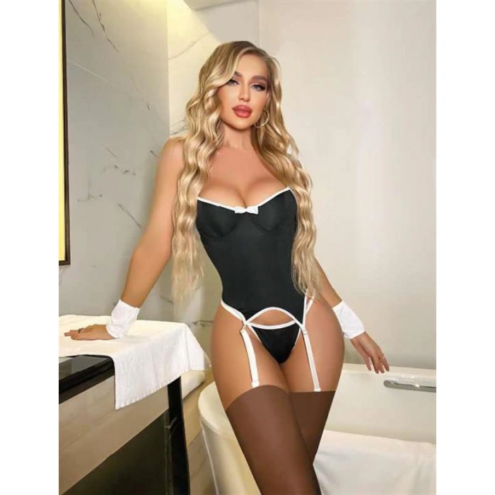 Amora Secret Kadın Fantazi İç Giyim Siyah Beyaz Fantezi Jartiyer Takım - Şehvetli ve Zarif Tasarım