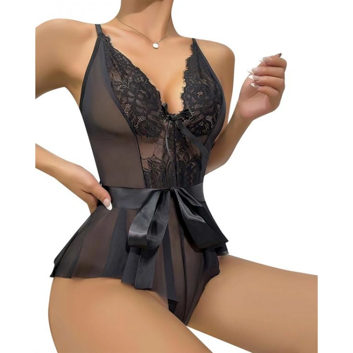 Amora Secret Kadın Fantazi İç Giyim Siyah Dantel İşlemeli Kurdelalı Fantezi Tül Babydoll - Şehvetli ve Zarif Tasarım