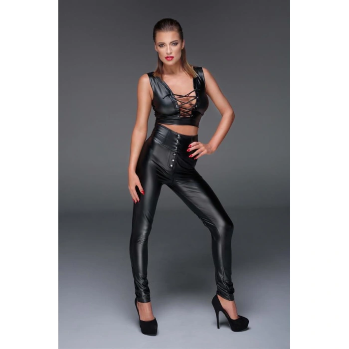 Amora Secret Kadın Fantazi İç Giyim Siyah Dekolteli Fantezi Deri Tulum - Şehvetli ve Zarif Tasarım