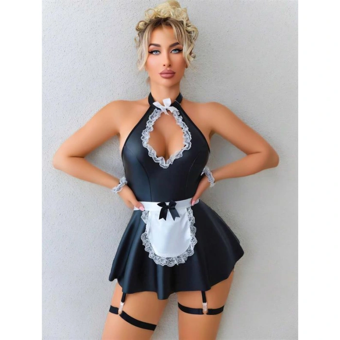 Amora Secret Kadın Fantazi İç Giyim Siyah Göğüs Dekolteli Boyundan Bağlamalı Mini Etekli Fantezi Deri Hizmetçi Kostümü - Şehvetli ve Zarif Tasarım