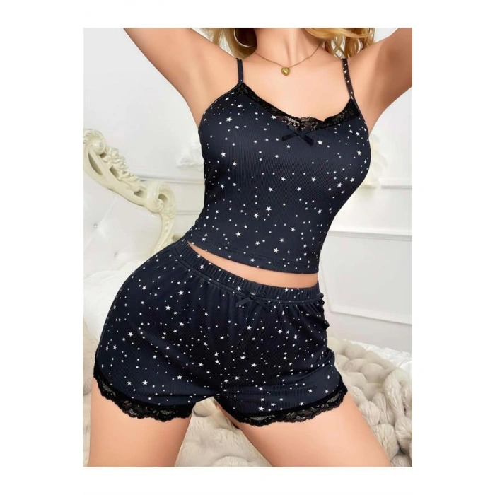 Amora Secret Kadın Fantazi İç Giyim Yıldız Desenli Askılı Şortlu Pijama Takımı - Şehvetli ve Zarif Tasarım