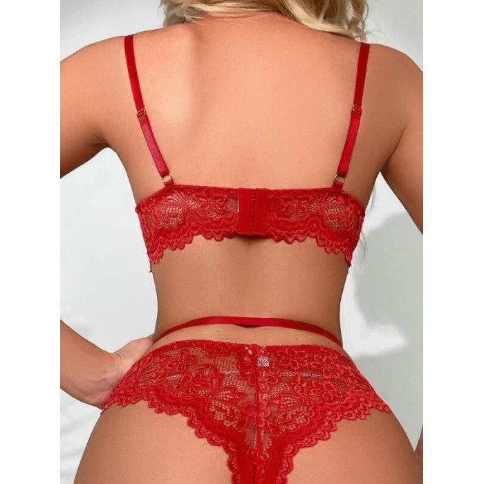 Amora Secret Kalp Aksesuarlı Dantelli Fantezi Kırmızı Jartiyer Takım