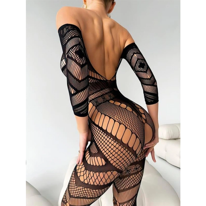Amora Secret Özel Tasarım Siyah Uzun Kollu Fantezi Body Vücut Çorabı