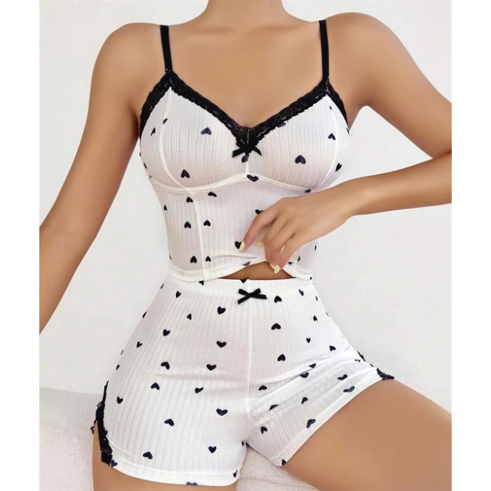 Amora Secret Pamuklu Beyaz Üstüne Siyah Kalp Desen Fitilli Askılı Şortlu Pijama Takımı
