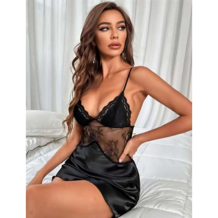 Amora Secret Siyah Dantel Detaylı İnce Askılı Saten Kısa Fantezi Gecelik