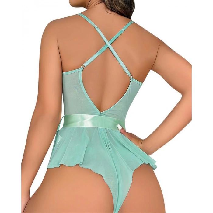 Amora Secret Yeşil Dantel İşlemeli Kurdelalı Fantezi Tül Babydoll