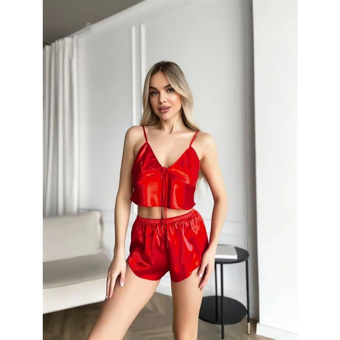 AmoraSecret AmoraSecret Kırmızı İnce Askılı Saten Şortlu Takım