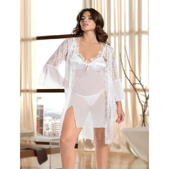 ÖZEL TASARIM  BEYAZ TRANSPARAN DANTEL İŞLEMELI TÜL YIRTMAÇLI 2LI GECELIK TAKIMI