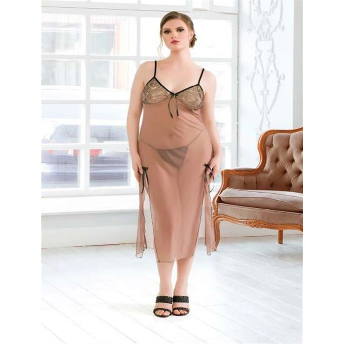 ÖZEL TASARIM  BÜYÜK BEDEN KAHVERENGI TÜL FANTEZI UZUN YIRTMAÇLI GECELIK