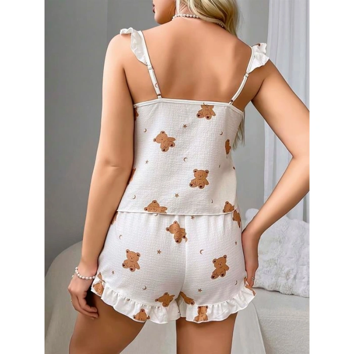 ÖZEL TASARIM  PAMUKLU AYICIK DESEN FIRFIRLI ASKILI ŞORTLU PIJAMA TAKIMI