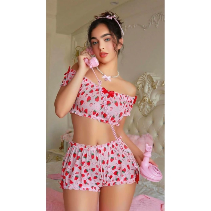 ÖZEL TASARIM  PEMBE ÇILEK DESENLI ŞORTLU FANTEZI SÜTYEN TAKIMI